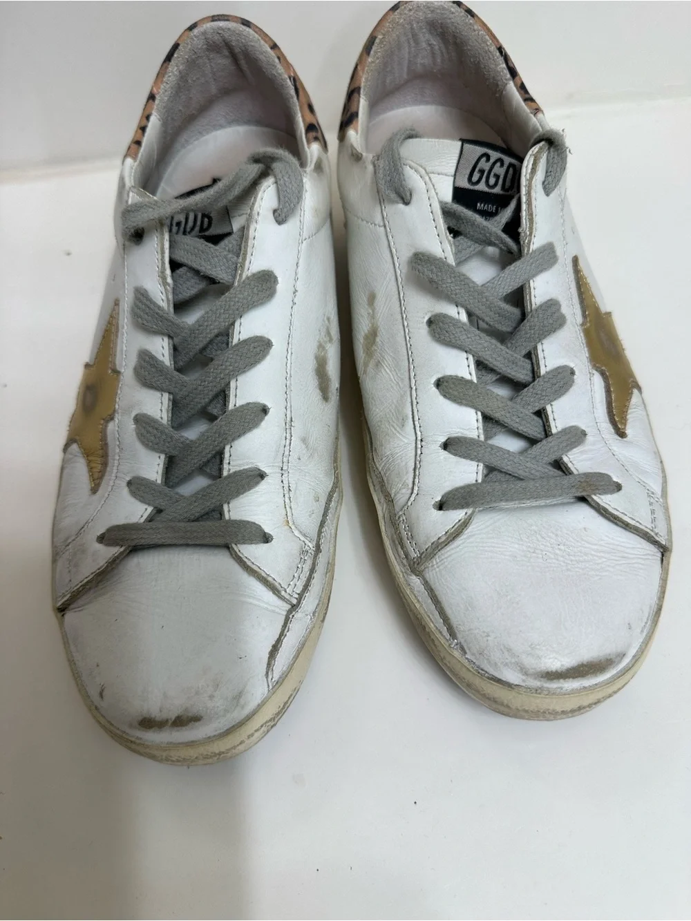 Golden Goose White Leather Low-Top Sneakers with Gold Star and Gray Laces